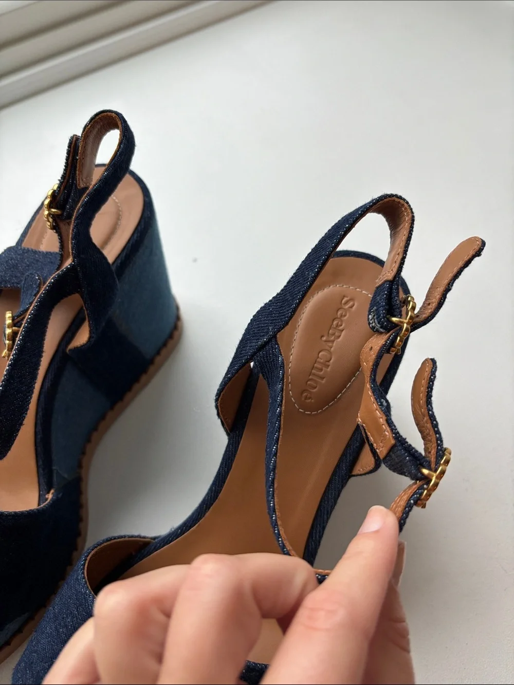 See By Chloe Navy Denim Platform Wedge Sandals size 41 US 10.5